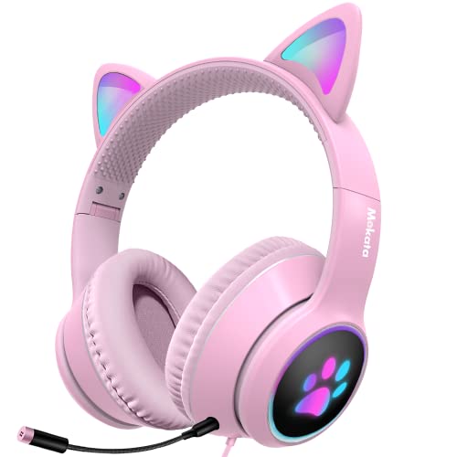 Mokata Gaming Headphone Wired AUX 3.5mm Over Ear Cat LED Light Fit Adult & Kids Foldable Stereo Headset Earmuffs with Microphone for PC PS4 PS5 Game Cellphone Laptop Pad H02 Pink