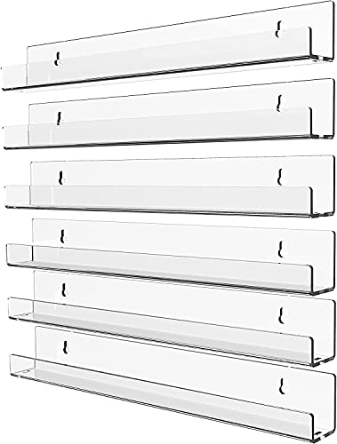 Cq acrylic 6 Pack Acrylic Clear Floating Bookshelf for Kids Room,15' Invisible Wall Mounted Hanging Book Shelves,U Modern Picture Ledge Display Toy Storage Vinyl Record Wall Shelf,Clear