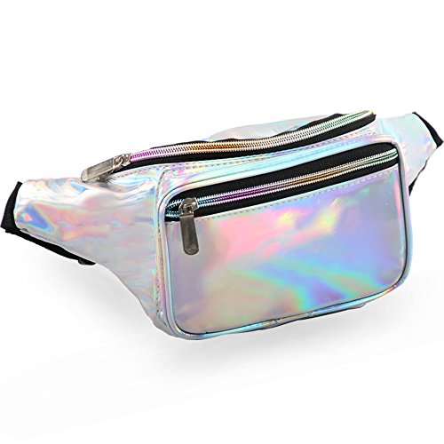 Holographic Fanny Pack for Women Men, Water Resistant Crossbody Waist Bag Pack with Multi-Pockets Adjustable Belts, Cute Bum Belt Bag for Travel Walking Running Hiking Cycling (Holographic Silver)