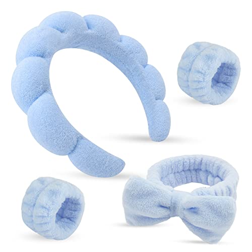 ATROCH Sponge Spa Headbands & Wristband Set，Headband Set for Washing Face，Non Slip Sponge Headband，Puffy Headband for Washing Face，Cute Hair Band for Shower，Soft Towel Headband for Skin Care 4 Pcs