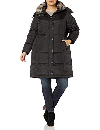 London Fog Women's Plus-Size Mid-Length Faux Fur Collar Down Coat with Hood, Black, 3X