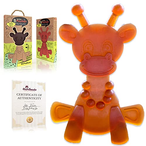 Amber Oil Baby Teething Toy – Little Bamber, Natural Amber, Teething Relief Rubber Giraffe Teething Toy, Special Baltic Teether Toy for Sore Gums – Alternative to Amber Teething Necklace (Brown)