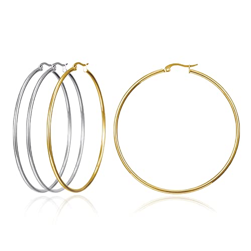 Huge gold Hoop earrings for women - Plated gold Stainless steel hooped earrings for women, 70-100mm large Gold hoop earrings (2 Pairs of 2.36'(60MM) - Gold&Sliver Color)