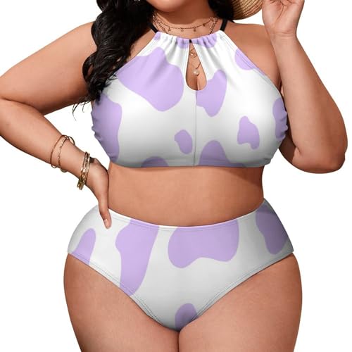 Women's Plus Size Fashion Sexy Swimsuit Bottoms Triangle Halter Bikini Top and Thong Two Piece Cute Cow Print Purple Swimwear Padded Bathing Suit
