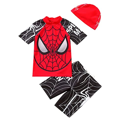 Focnigo Boys Superhero 2 Piece Swimsuit Kids Short Sleeve Rash Guard Shirt and Swim Trunks Set with Swimming Cap (5Years-6Years, Black)