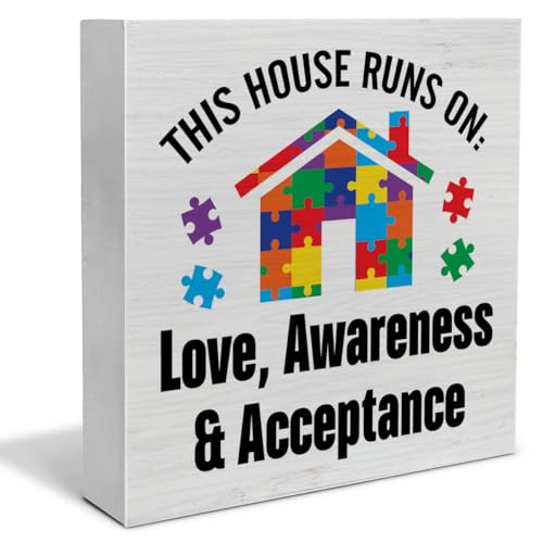 Autism Awareness Decorations This House Runs on Love Awareness and Acceptance Wooden Sign Home School Office Decor, Rustic Autism Awareness Wood Block Sign for Desk Shelf Table 5 X 5 Inch