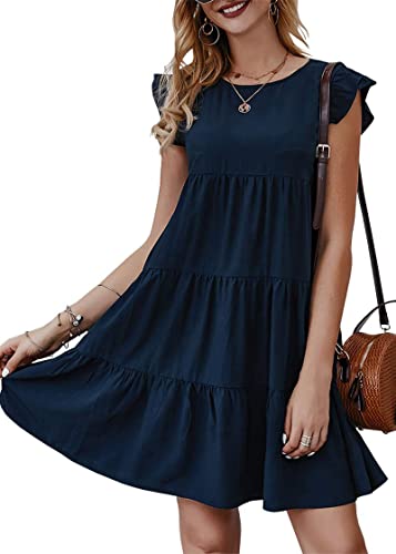 KIRUNDO Casual Dresses for Women 2023 Trendy Summer Sleeveless Ruffle Sleeve Round Neck Loose Short Flowy Pleated Mini Dresses, Navy, Large