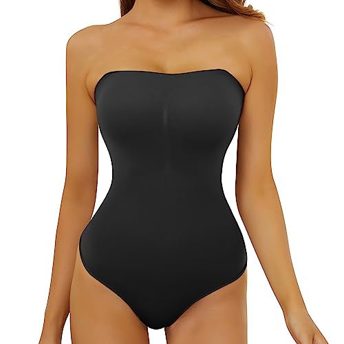 SLLIE Women's Sexy Strapless Bodysuit One Piece Seamless Ribbed Triangle Off Shoulder Shapewear Tops Leotard