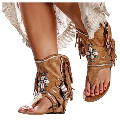 ZGRZPMGR Womens Casual Tassel Sandals Boho Shoes Flip Flop Pinch Toe Flat Sandals Summer Open Toe Beach Gladiator Sandals
