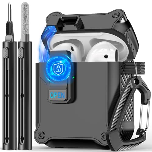 Pohgelan for Airpods 2nd and 1st Generation Case,Automatic Snap Switch Design with Secure Lock Clip,Full Body Shockproof Hard Cover Case with Cleaning Tool & Keychain-Balck