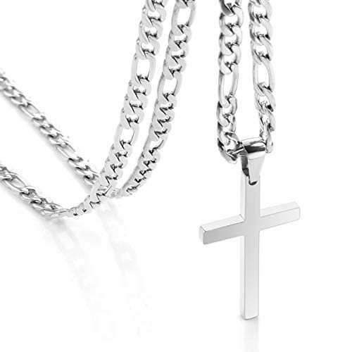 CaptainSteeL Cross Necklace for Men - Stainless Steel Silver/Gold Plain Cross Pendant Necklace Simple Jewelry Gifts, 24 Inches 3:1 Figaro Link Chain 4/5/6mm Width