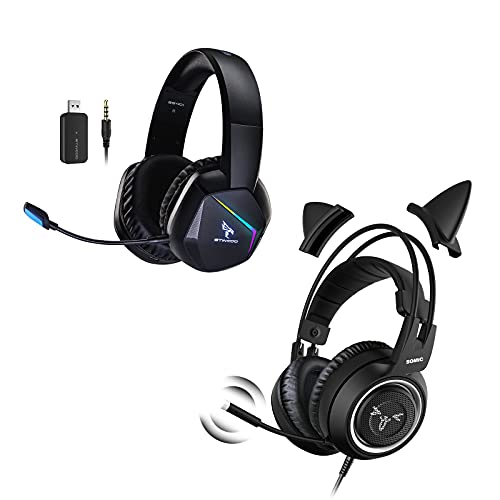 SOMIC 2 PCS Gaming Headset G951S Black Stereo Gaming Headset with Detachable Cat Ear&GS401 2.4G Wireless Gaming Headset with Mic, RGB LED Light for PC, PS4,PS5