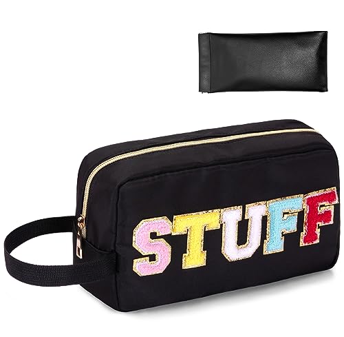 Ginsco Chenille Letter Cosmetic Bag, Large Capacity Preppy Patch Makeup Bag,Varsity Letter Stuff Pouch with Makeup Brush Holder Multipurpose Portable Travel Toiletry Bag with Carrying Handle Black