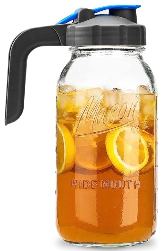Half Gallon Mason Jar Pitcher Large Wide Mouth 64 oz with Lid - 2 Quart for Iced Tea, Sun Lemonade, Coffee, Airtight, Set of 1