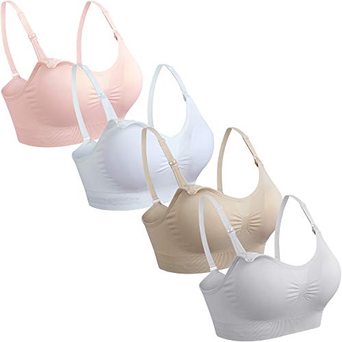 GXXGE 4Pack Nursing Bra for Breastfeeding Maternity Bras Push Up Silk Seamless Pregnancy Bralette Underwear Beige Grey Pink White Large