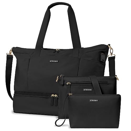 ETRONIK Expandable Travel Duffel Weekender Bag for Gym with USB Charging Port, Shoe Compartment and Wet Pocket, Carry On Tote for Travel Sports Airplanes 3Pcs Set For Women, Black