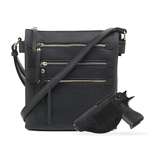 JESSIE & JAMES Double Compartment Multi-Zipper Triple Zip Pockets Concealed Carry Crossbody Bag with Lock and Key | Black