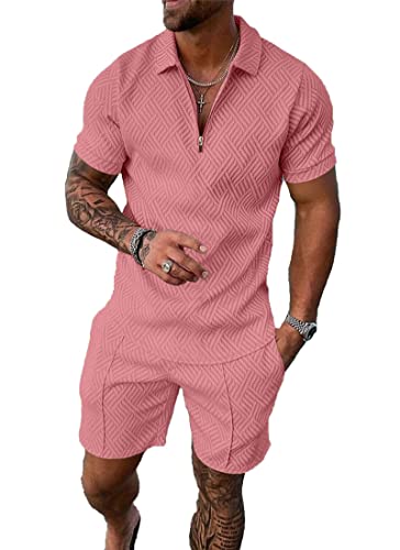 BIRW L Pink Mens Short Sets 2 Piece Outfits Fashion Summer Tracksuits Casual Set Polo Shirt Short Sleeve and Shorts Set