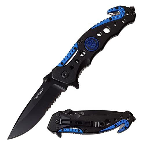 Tac-Force- Spring Assisted Folding Pocket Knife – Black Partially Serrated Blade, Black and Blue Aluminum Handle, Rope Cutter, Glass Punch and Pocket Clip, Tactical, EDC, Rescue - TF-723BL