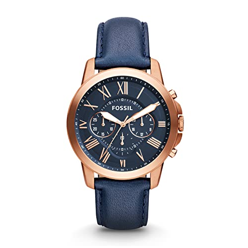 Fossil Men's Grant Quartz Stainless Steel and Leather Chronograph Watch, Color: Rose Gold, Navy (Model: FS4835)