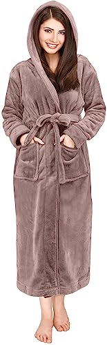 NY Threads Women Fleece Hooded Bathrobe - Plush Long Robe, Taupe, Small