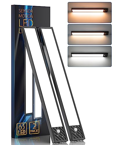 2024 Newest 65 LED Motion Sensor Lights Indoor 3 Color Temps, 2 Packs Dimmable Under Cabinet Lighting, 2500mAh Rechargeable Wireless Closet Lights Night Light for Drawers, Wardrobe, Stair, Kitchen