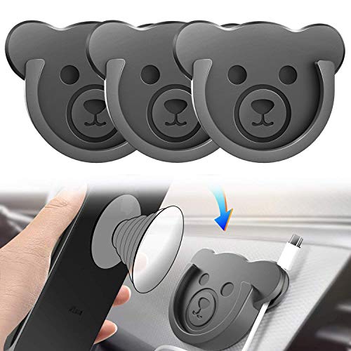 TOPGO Socket Car Mount for Phone Holder Cute Bear Style Silicone Grip Stand with Phone line Clasp for Collapsible Socket User Used on Dashboard, Home, Office, Kitchen, Desk, Wall (Black) 3 Pack