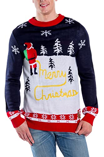 Tipsy Elves Men's Ugly Christmas Sweater Yellow Snow Funny Santa Writing Merry Christmas Guy's Pullover Size X-Large