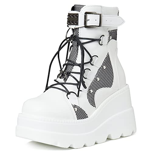 Tscoyuki Platform Ankle Boots For Womens Chunky High Heel Booties Goth Round Toe Combat Boots Women Lace Up Motorcycle Wedges