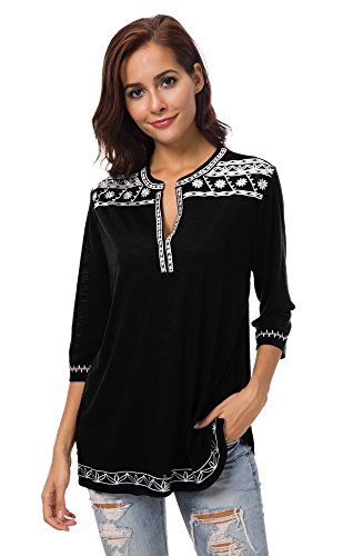 Women's 3/4 Sleeve Boho Shirts Embroidered Peasant Top (XL, Black)