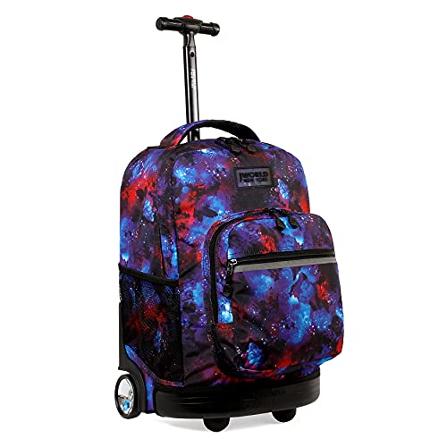 J World New York Sunrise Kids Rolling Backpack for Girls Boys Teen. Roller Bookbag with Wheels, Galaxy, 18'