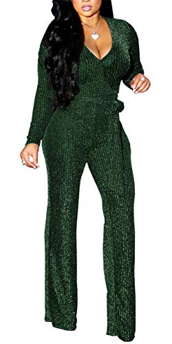 LightlyKiss Women's Sexy Deep V-Neck Jumpsuits Long Sleeve High Waist Sparkly ClubWear Loose Pants with Belt Green