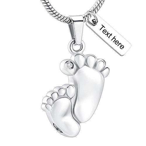 Yinplsmemory Baby Foot Print Urn Necklace for Ashes Pendant Stainless Steel Crystal inlay Feet Urn Memorial Keepsake Cremation Ash Jewelry (Customize)