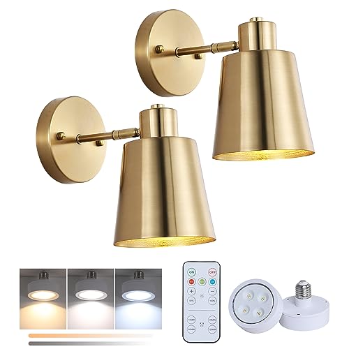 HOTRAN Battery Operated Wall Sconce Set of Two,Gold Modern with Remote Control Dimmable Wall Lighting Indoor, Not Hardwired Led Wall Lamp Fixtures for Bedroom, Bulb Included