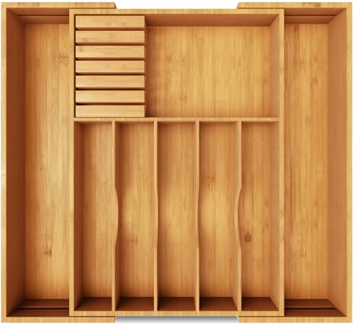 Premium Expandable Kitchen Drawer Organizer - 100% Bamboo Organizer Tray - Great for Silverware, Large Utensils, Flatware, Cutlery - 8 Compartments with Knife Block - Perfectly Fits Your Drawers