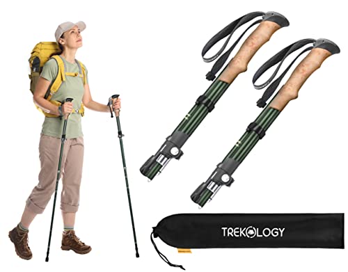 TREKOLOGY TREKZ SE 2pc Collapsible Hiking Stick - Lightweight, Foldable Retractable Trekking Poles For Men, Women & Seniors with Adjustable Height - Nordic Walking Stick for Backpacking,Camping -Green