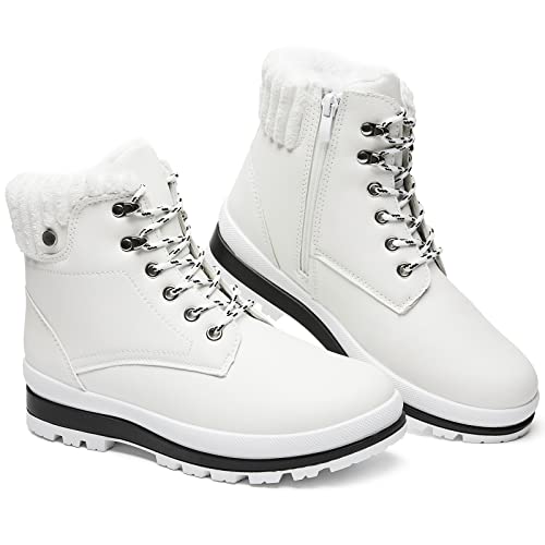 BABUDOG Womens Waterproof Ankle Boots for Outdoor (Non Slip Outsole),Fashion Combat Boots with Side Zipper,Warm Fur Lined Winter Snow Boots(White.US10)