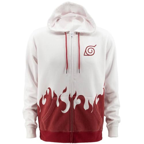 Ripple Junction Naruto Shippuden Men’s Full Zip-Up Hooded Sweatshirt 4th Hokage Red Flame Anime Cloak Inspired Medium White