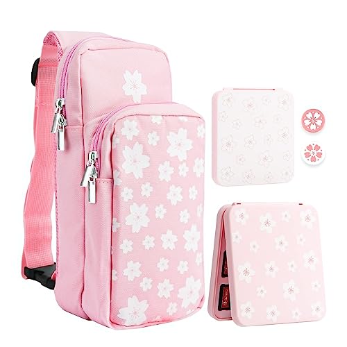 RHOTALL Portable Travel Carrying Case Compatible with Nintendo Switch/Oled/Lite, Large Capacity Shoulder Bag with 12 Slots Game Case, Thumb Grip Caps (Sakura)