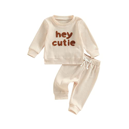Toddler Baby Girl Boy Fall Winter Waffle Outfit Set Letter Printed Long Sleeve Sweatshirt Tops + Pants (Apricot, 3-6 Months)
