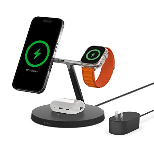 Belkin MagSafe 3-in-1 Wireless Charging Stand - 2ND GEN w/ 33% Faster for Apple Watch - iPhone 15, 14 & 13 Series, & AirPods -Charging Station for Multiple Devices - Black