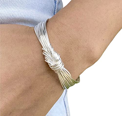 Handmade Sterling Silver Knot Cuff Bracelet, Tied White Silver Strings Minimalist Adjustable Cuff, Gift for Her
