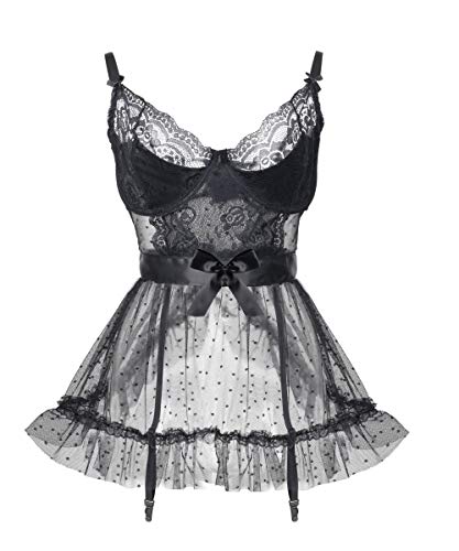 LINGERLOVE Sexy Lingerie for Women Plus Size Naughty Lace Babydoll with Underwire Push up Cups (XXX-Large, Black)