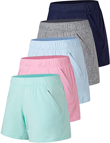 5 Pack: Womens Workout Gym Shorts Casual Lounge Set, Ladies Active Athletic Apparel with Zipper Pockets (Set 3, Medium)