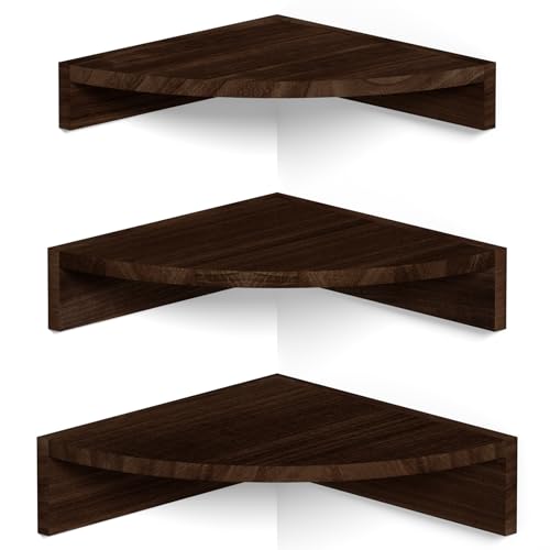 Alsonerbay Corner Shelf Wall Mount, Set of 3 Floating Shelves for Storage and Display, Rustic Wood Shelves for Bedroom, Kitchen, Living Room, Nursery and Office (Dark Brown)