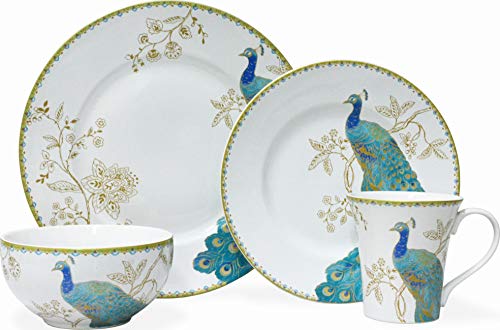 222 Fifth Peacock Garden 16-Piece Porcelain Dinnerware Set with Round Plates, Bowls, and Mugs, White