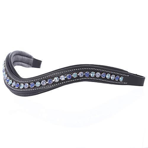 ExionPro Curved Padded Bling Crystal Leather Browband for Horse Bridles | Diamond Decorated Bling English Dressage Browbands | Crystal Color - Sapphire, Violet, Light Sapphire | Havana-Full
