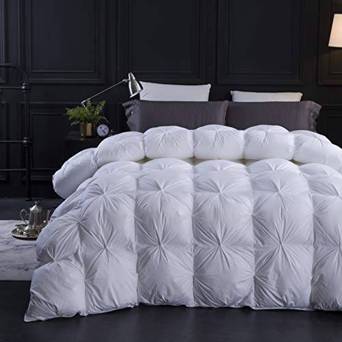 Three Geese Pinch Pleat Goose Feathers Down Comforter Queen Size Duvet Insert,750+ Fill Power,1200TC 100% Cotton Fabric,Premium White Comforter for All Seasons with 8 Tabs.