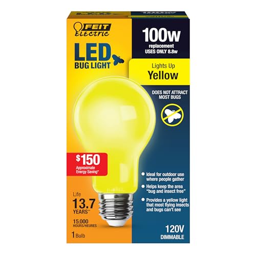 Feit Electric A19 Outdoor LED Bug Light, 100-Watt Equivalent, Dimmable LED Light Bulb, E26 Medium Base, 800 Lumens, 120V, 13 Years Lifetime, Yellow, Pack of 1, A19100/BUG/LED