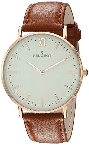 Peugeot Men's Ultra Slim Watch, 14Kt Gold Plated Round Minimalist Wrist Watch for Men with Easy to Read Dial and Genuine Leather Band